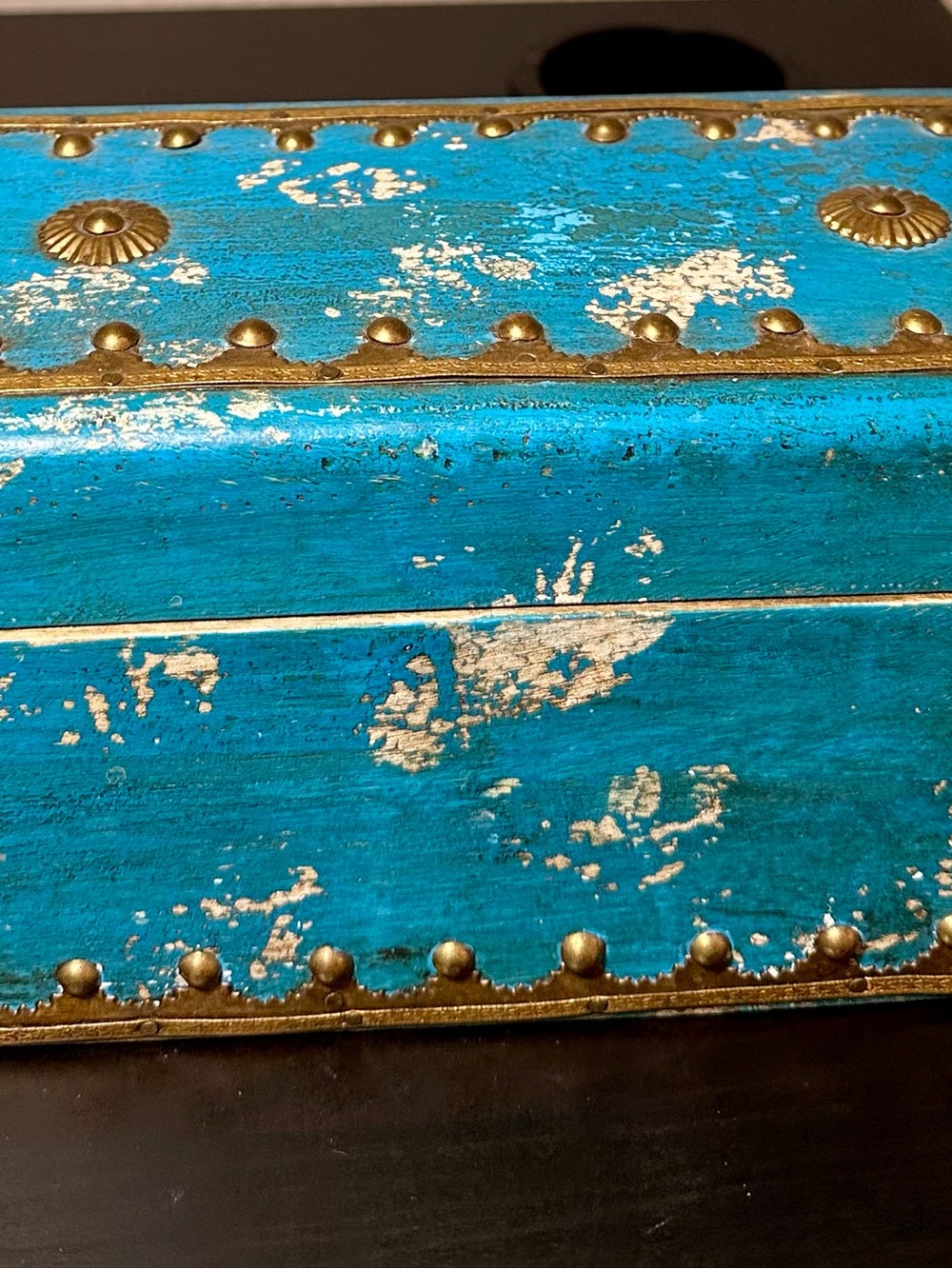 vintage-style turquoise and gold wooden jewelry chest